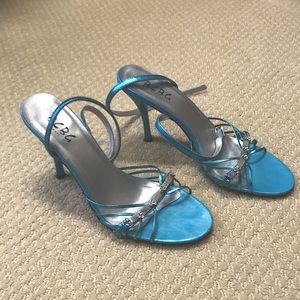 BCBG metallic light blue strappy stilettos 🔥